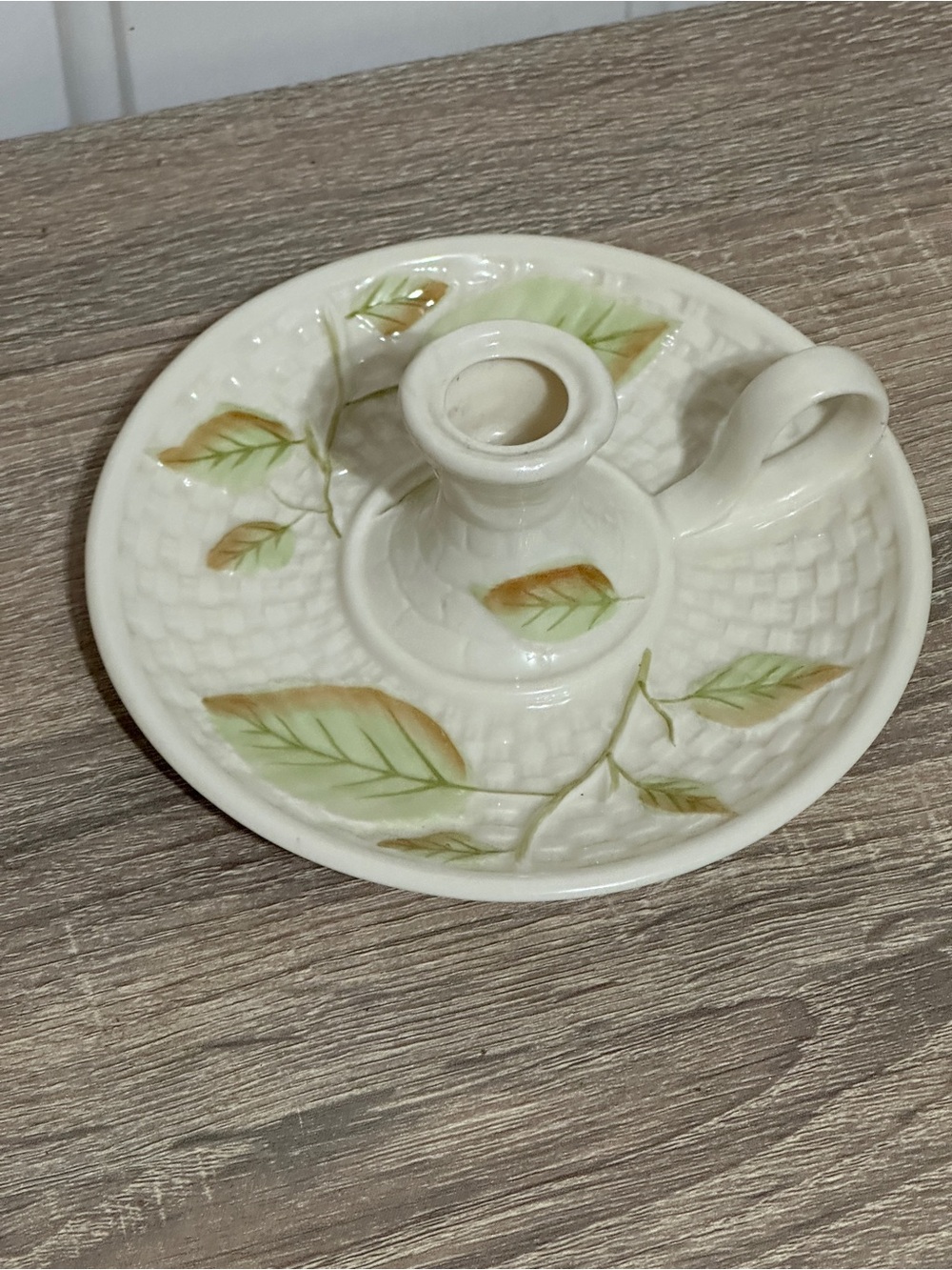 VINTAGE BELLEEK 2002 CHAMBERSTICK Green Leaf CANDLESTICK Holder